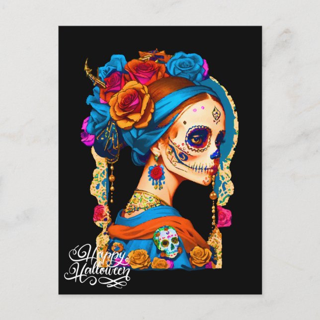 Postal Halloween con cráneo de azúcar, Día de los Muertos (Anverso)
