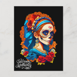 Postal Halloween con cráneo de azúcar, Día de los Muertos