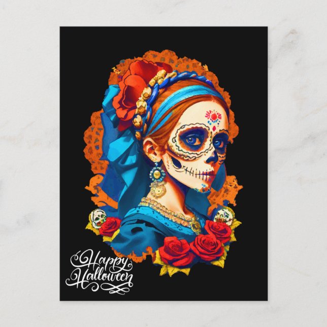 Postal Halloween con cráneo de azúcar, Día de los Muertos (Anverso)