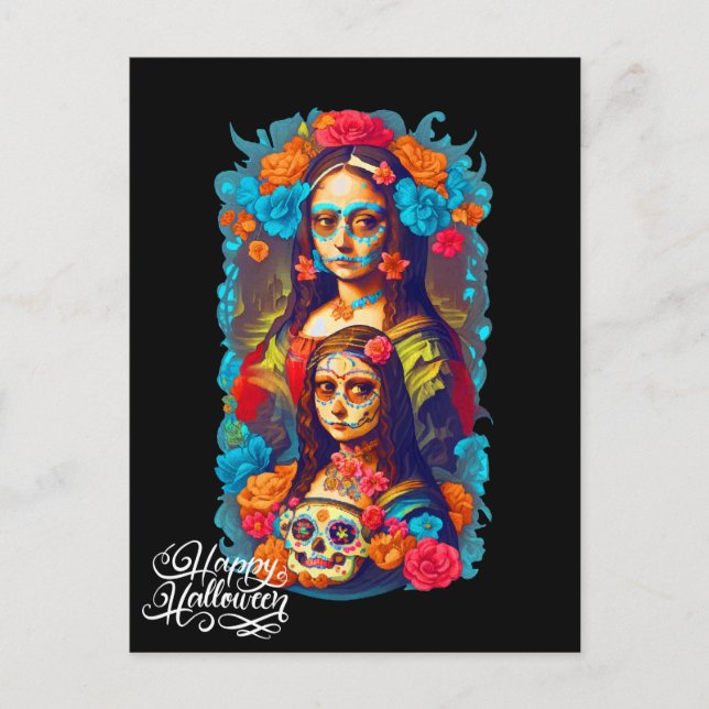 Postal Halloween con cráneo de azúcar, Día de los Muertos (Anverso)