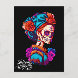 Postal Halloween con cráneo de azúcar, Día de los Muertos