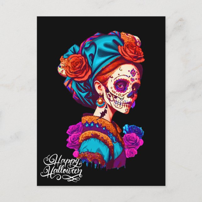 Postal Halloween con cráneo de azúcar, Día de los Muertos (Anverso)