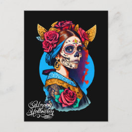Postal Halloween con cráneo de azúcar, Día de los Muertos