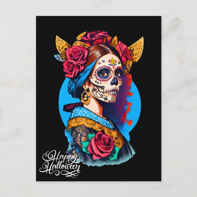Postal Halloween con cráneo de azúcar, Día de los Muertos (Anverso)