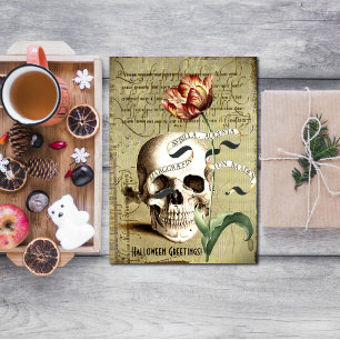 Postal Halloween con escritura floral Steampunk Skull