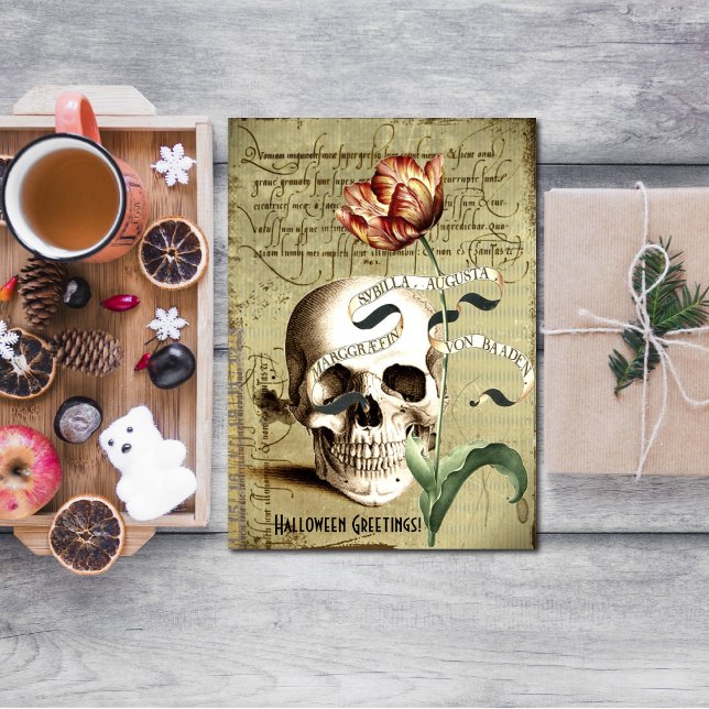 Postal Halloween con escritura floral Steampunk Skull (Subido por el creador)