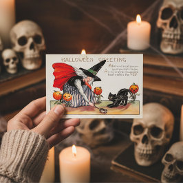 Postal Halloween con espanto de brujas con gato asustado