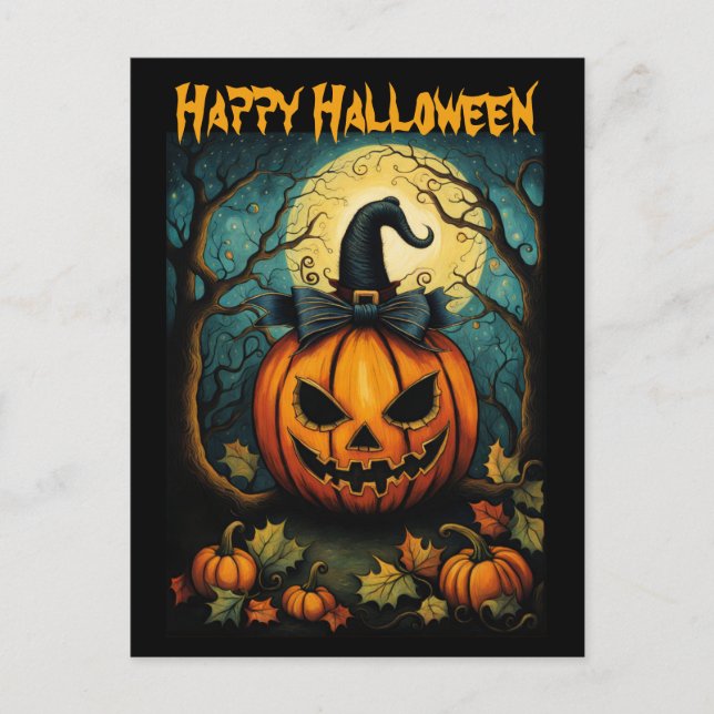 Postal Halloween Creepy Bow Pumpkin Black (Anverso)
