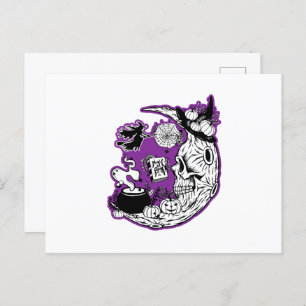 Postal Halloween Crescent Moon Witch Skull