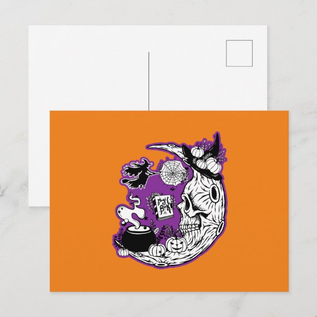 Postal Halloween Crescent Moon Witch Skull (Anverso / Reverso)
