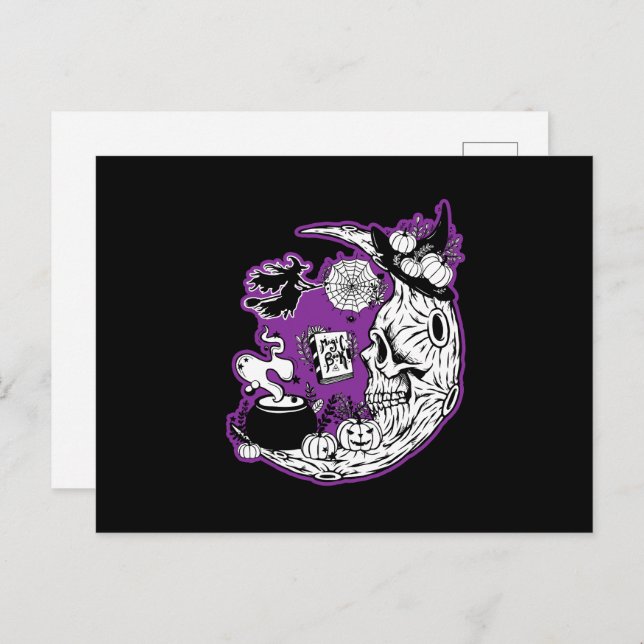 Postal Halloween Crescent Moon Witch Skull (Anverso / Reverso)