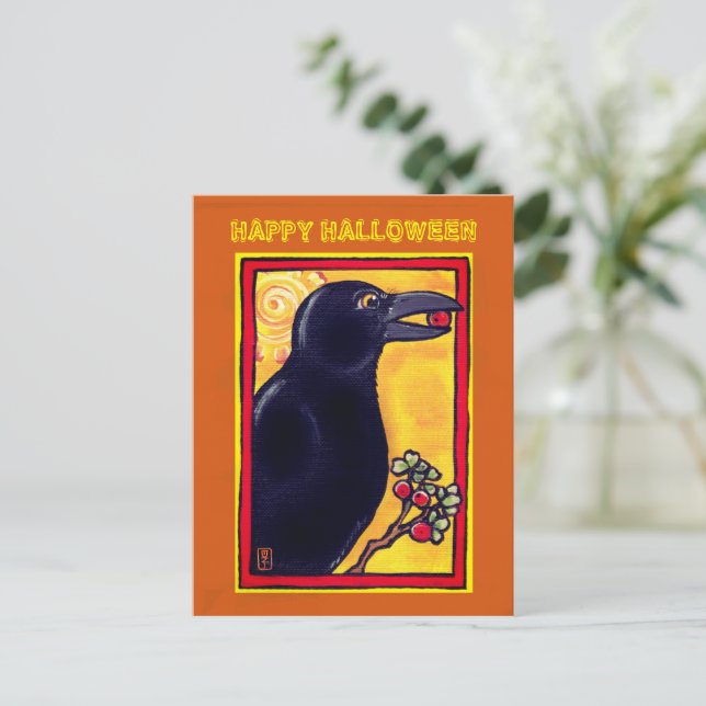 Postal Halloween Crow Raven Colorful Bird Animal Naranja (Anverso de pie)