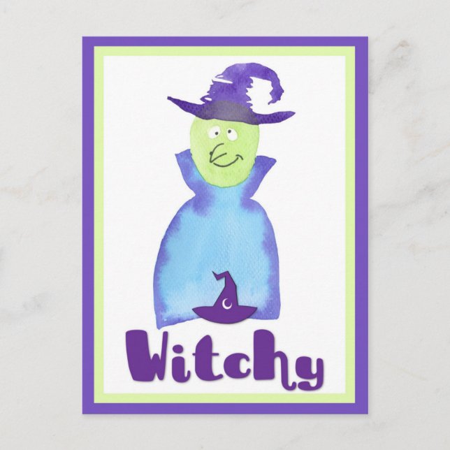 Postal Halloween Curte Purple Watercolor Witch (Anverso)