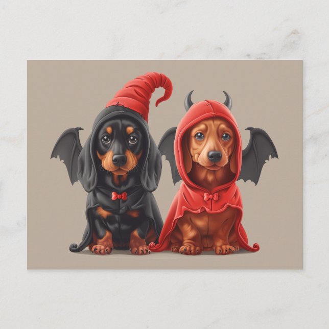 Postal Halloween Dachshund Perro Devil Bat (Anverso)