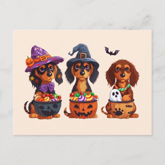 Postal Halloween Dachshund Perros Calabaza Cubo de Vela (Anverso)