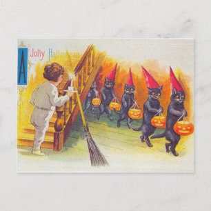 Postal Halloween de alegría (gatos negros)