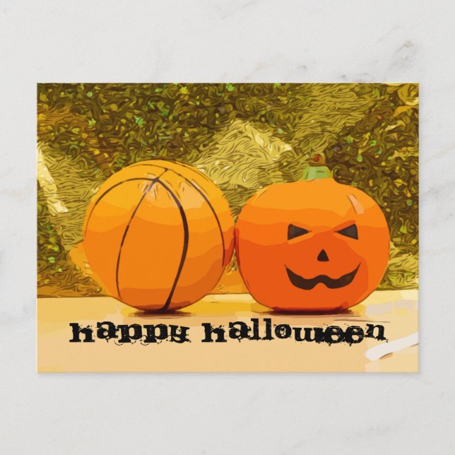 Postal Halloween de baloncesto con baloncesto y calabaza (Anverso)