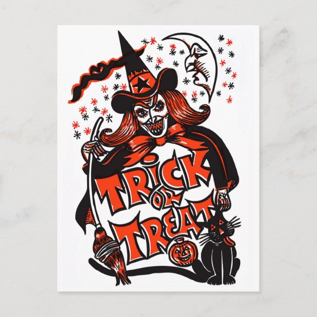 Postal Halloween de Brujas o Brujas Trick o Treat (cosech (Anverso)