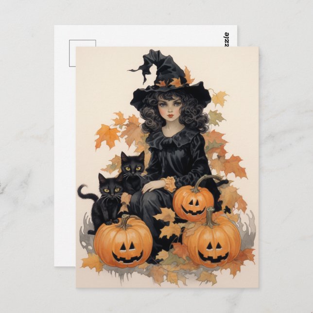 Postal Halloween de Brujas y Gatos Negros (Anverso / Reverso)