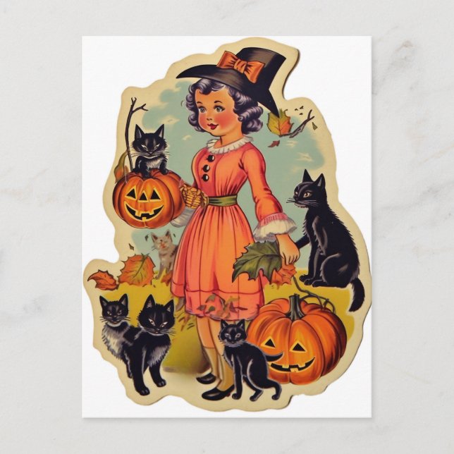 Postal Halloween de Brujas y Gatos Negros (Anverso)