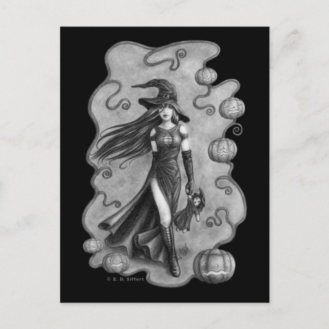 Postal Halloween de brujas y muñecas (Anverso)