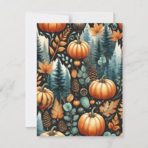 Postal Halloween de calabaza, vegetación botánica y caída