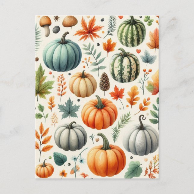 Postal Halloween de calabaza, vegetación botánica y caída (Anverso)