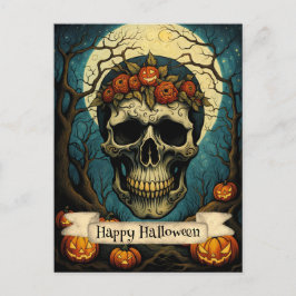 Postal Halloween de calavera floral de calabaza resplande