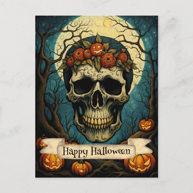 Postal Halloween de calavera floral de calabaza resplande (Anverso)