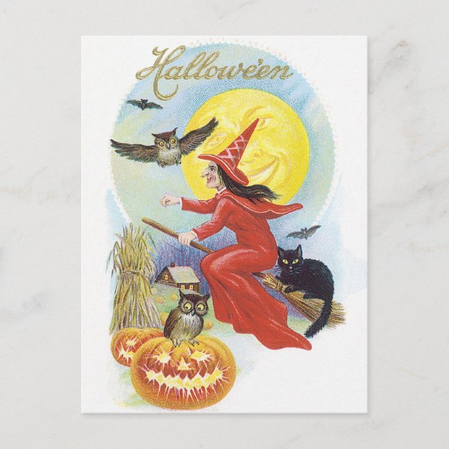 Postal Halloween de época, bruja voladora con gato negro (Anverso)