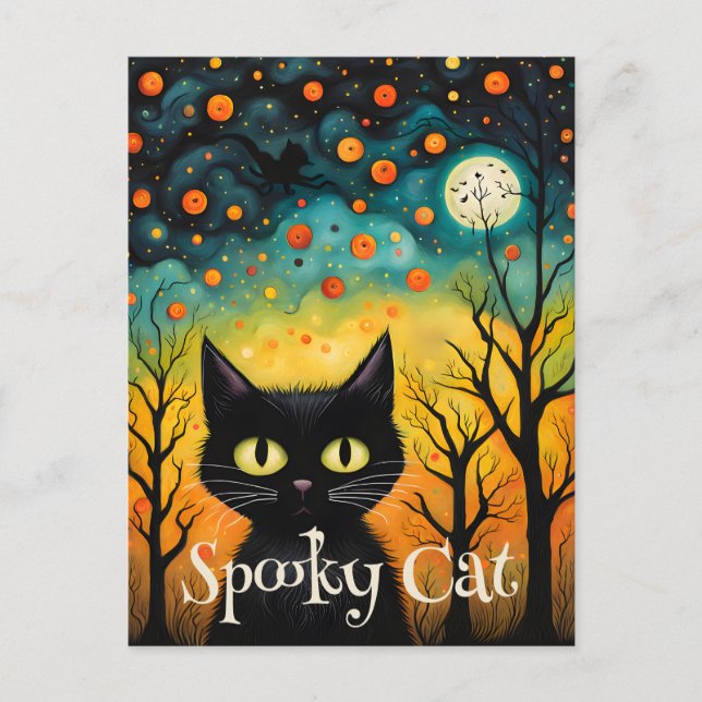 Postal Halloween de Gato Negro espeluznante (Anverso)