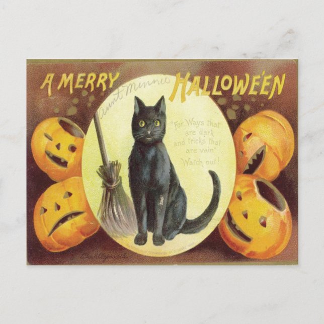 Postal Halloween de gato vintage (Anverso)