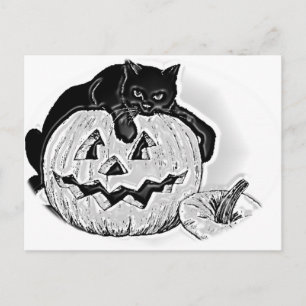 Postal Halloween de gatos negros y calabazas espeluznante