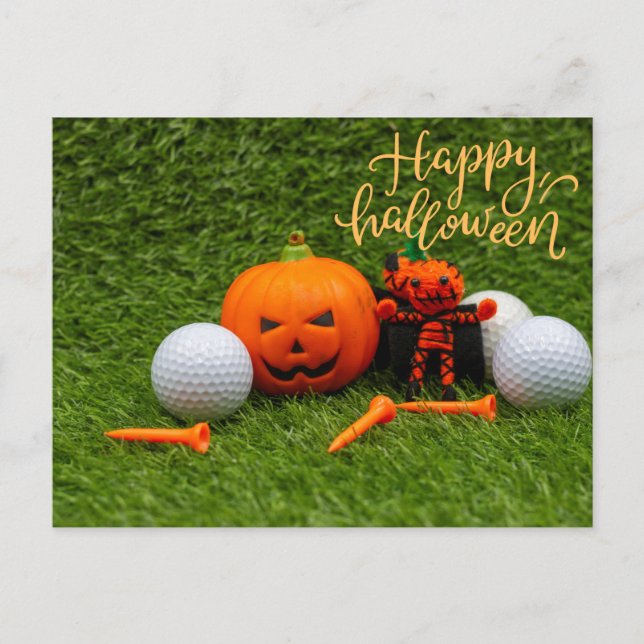 Postal Halloween de golf a golfista con bola de golf Hall (Anverso)