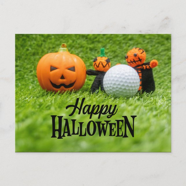 Postal Halloween de golf con pelota de golf y calabaza fa (Anverso)