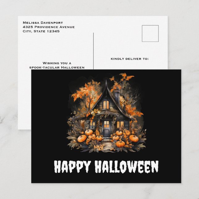 Postal Halloween de Hauned House con calabazas (Anverso / Reverso)