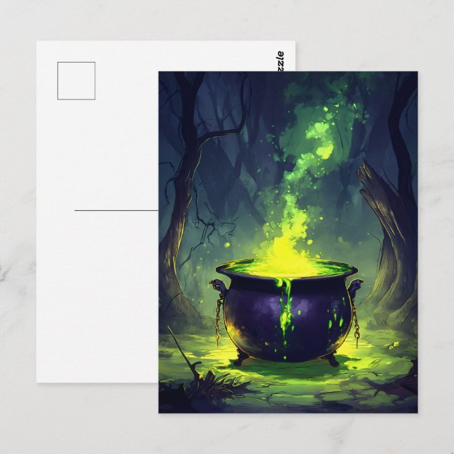 Postal Halloween de la brillante poción mágica Cauldron (Anverso / Reverso)