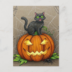Postal Halloween de la Calabaza de Arañas del Gato