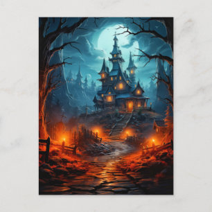 Postal Halloween de la casa embrujada y tremendamente asu
