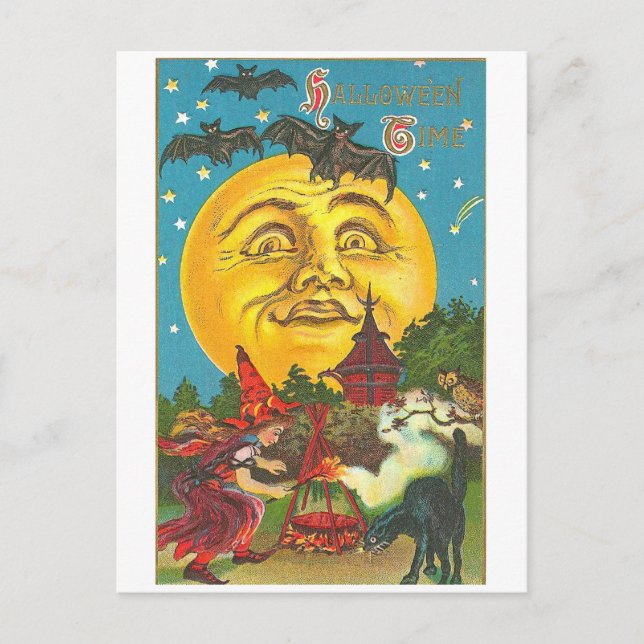 Postal Halloween de la Gran Luna de Halloween retro vinta (Anverso)