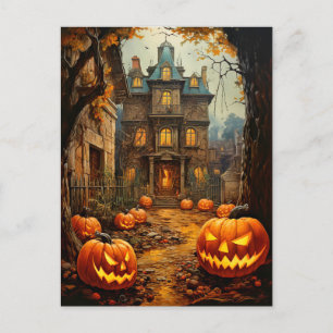 Postal Halloween de la vieja y espeluznante casa