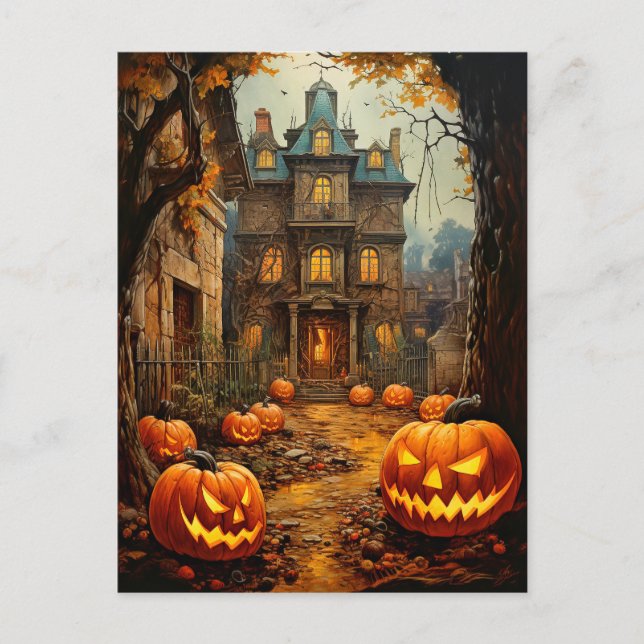 Postal Halloween de la vieja y espeluznante casa (Anverso)