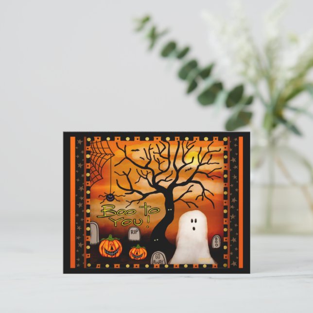 Postal Halloween de los niños de la araña de boo fantasma (Anverso de pie)