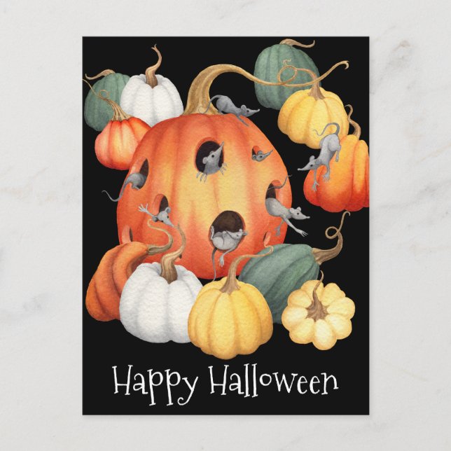 Postal Halloween de ratones y calabazas caprichosos (Anverso)