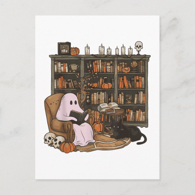 Postal Halloween del amante del gato del libro de lectura (Anverso)