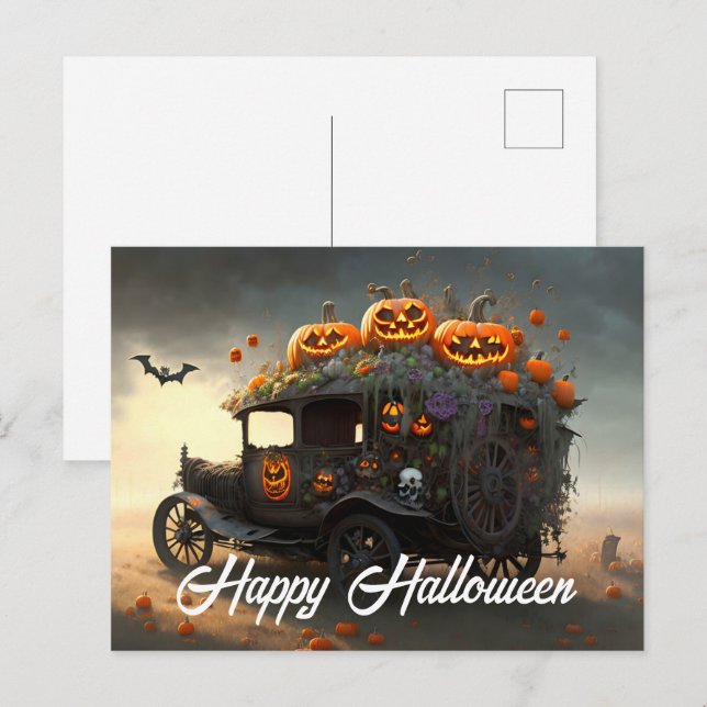 Postal Halloween del Automóvil Vintage y las calabazas (Anverso / Reverso)