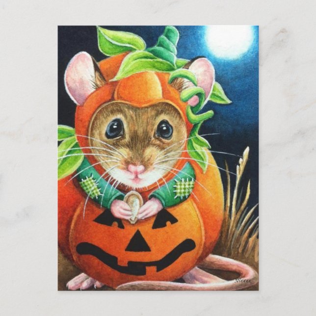 Postal Halloween Disfraces Calabaza Ratón Watercolor Art (Anverso)