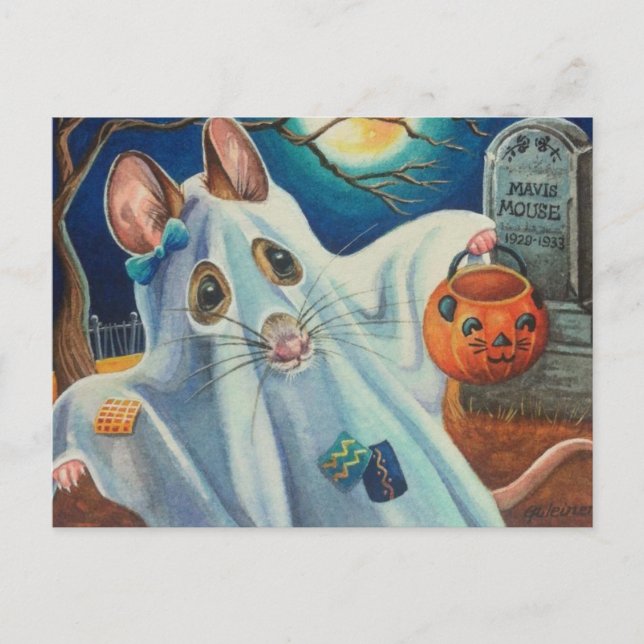 Postal Halloween Disfraces Ghost Mouse Watercolor Art (Anverso)
