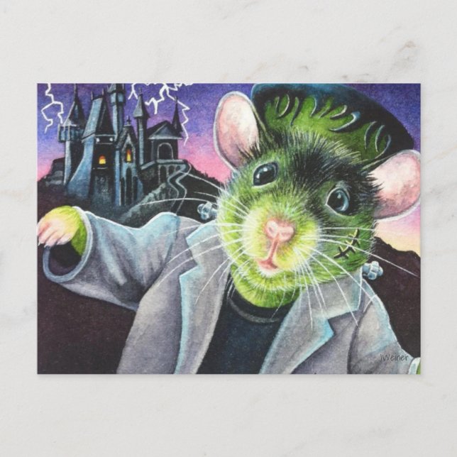 Postal Halloween Disfraces Monster Mouse Watercolor Art (Anverso)