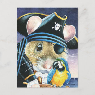 Postal Halloween Disfraces Pirata Mouse Watercolor Art